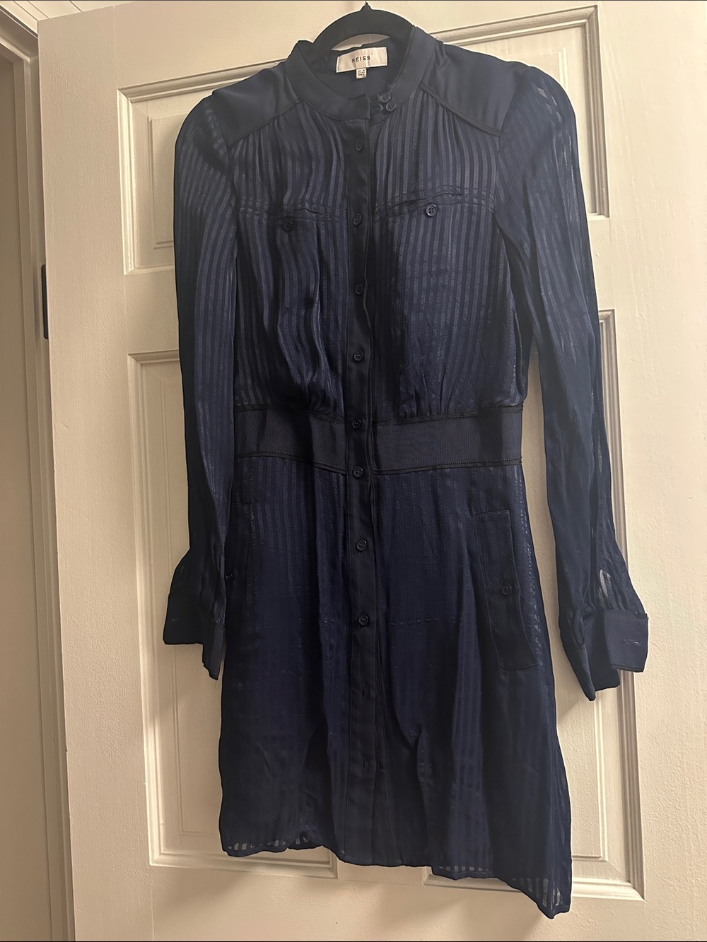 Reiss Navy Striped Sheer Long-Sleeve Shirt Dress